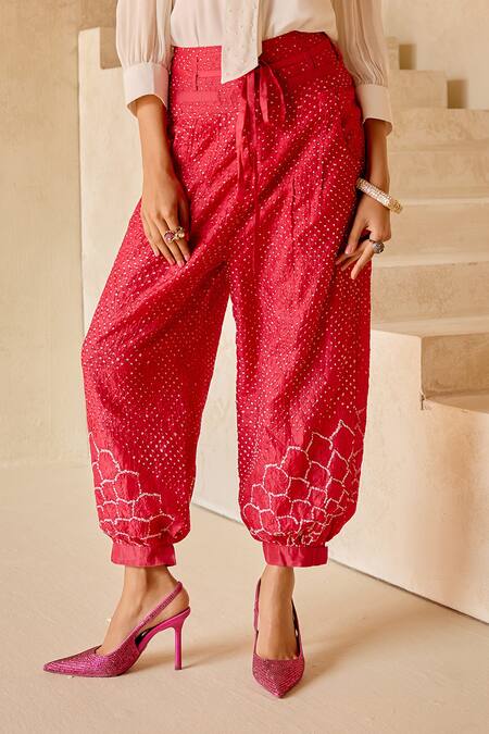 Twenty Nine_Pink Silk Boho Sunflower Bandhani Dhoti Pant _Online_at_Aza_Fashions