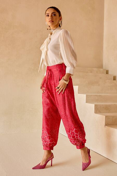 Buy_Twenty Nine_Pink Silk Boho Sunflower Bandhani Dhoti Pant _Online_at_Aza_Fashions
