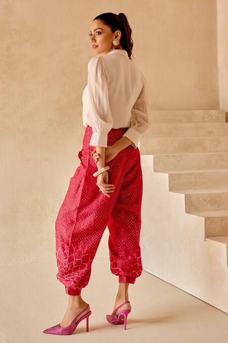 Shop_Twenty Nine_Pink Silk Boho Sunflower Bandhani Dhoti Pant _Online_at_Aza_Fashions