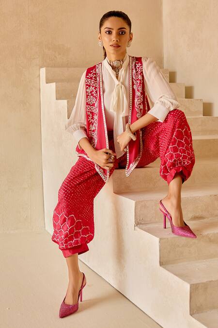 Twenty Nine_Pink Silk Boho Sunflower Bandhani Dhoti Pant _at_Aza_Fashions