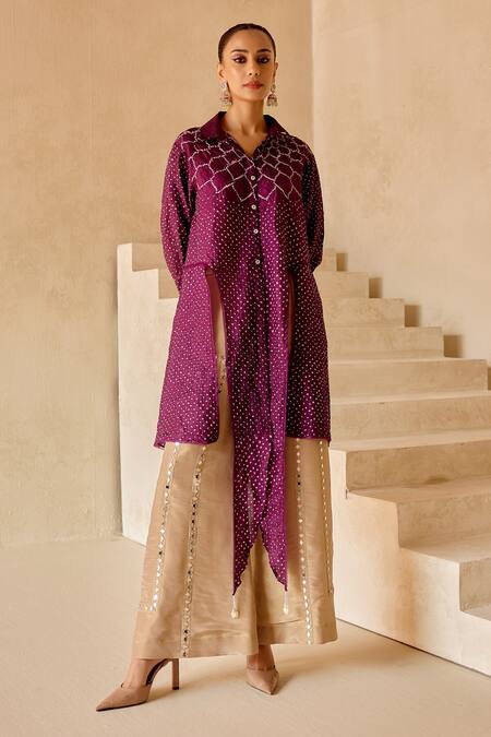 Twenty Nine_Gold Tissue Embroidered Mirror Flared Pant _Online_at_Aza_Fashions