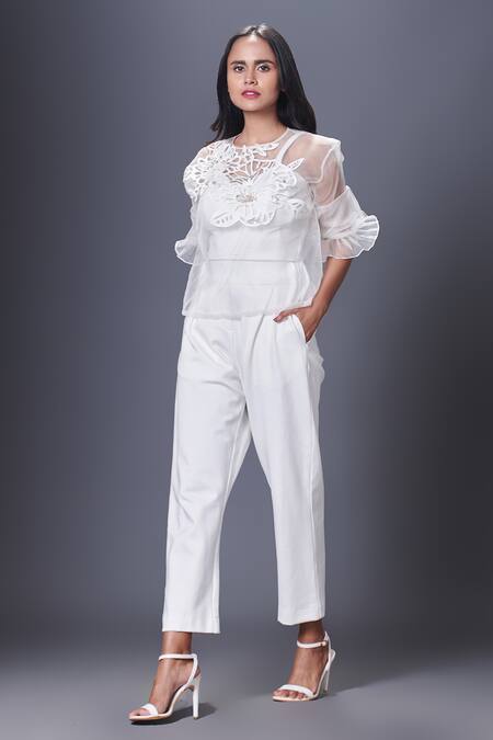 Buy Deepika Arora White Polyester Cut Work, Sequins Round Neck Cutwork Embroidered Top Online at Aza Fashions Buy_Deepika Arora_White Polyester Cut Work, Sequins Round Neck Cutwork Embroidered Top_Online_at_Aza_Fashions