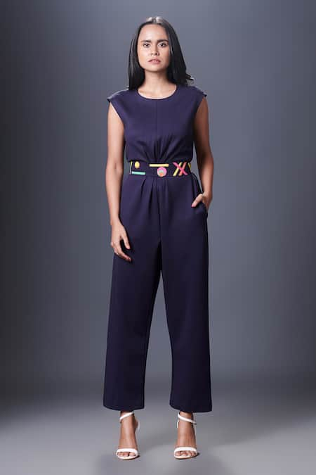 Deepika Arora Blue Ponte Roma Applique Embroidered Geometric Cap Sleeve Jumpsuit With Belt 