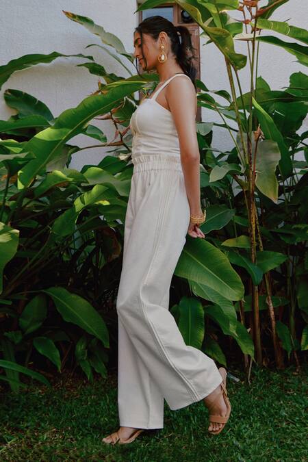 Buy_Tara And I_White Denim Paper Bag Flared Pant_Online_at_Aza_Fashions