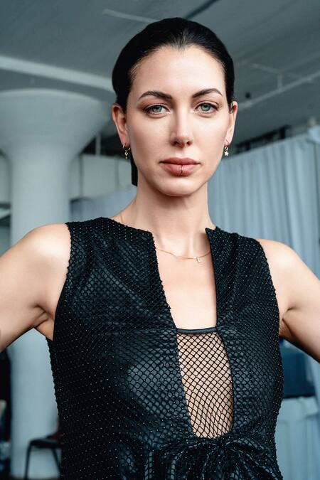 Shop Tara And I Black Lace Split V-neck Mesh Overlay Trapeze Bow Dress at Aza Fashions Shop_Tara And I_Black Lace Split V-neck Mesh Overlay Trapeze Bow Dress _at_Aza_Fashions