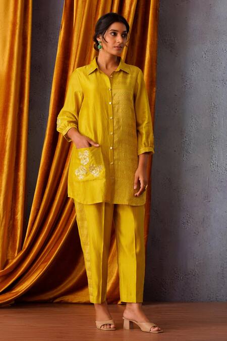 OMI_Green Chanderi Sequins, Embroidery Collared Placement Shirt Pant Set _Online_at_Aza_Fashions