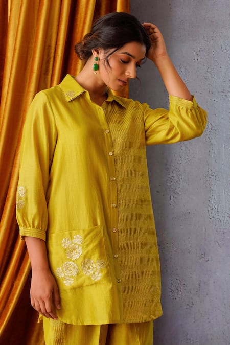 Shop_OMI_Green Chanderi Sequins, Embroidery Collared Placement Shirt Pant Set _Online_at_Aza_Fashions