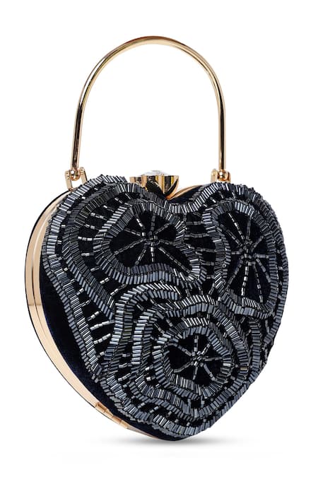 House Of Webhin Blue Cut Work Heart Embroidered Clutch With Detachable Sling Chain 