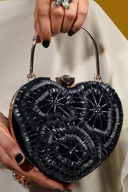 House Of Webhin Blue Cut Work Heart Embroidered Clutch With Detachable Sling Chain Online at Aza Fashions House Of Webhin_Blue Cut Work Heart Embroidered Clutch With Detachable Sling Chain _Online_at_Aza_Fashions