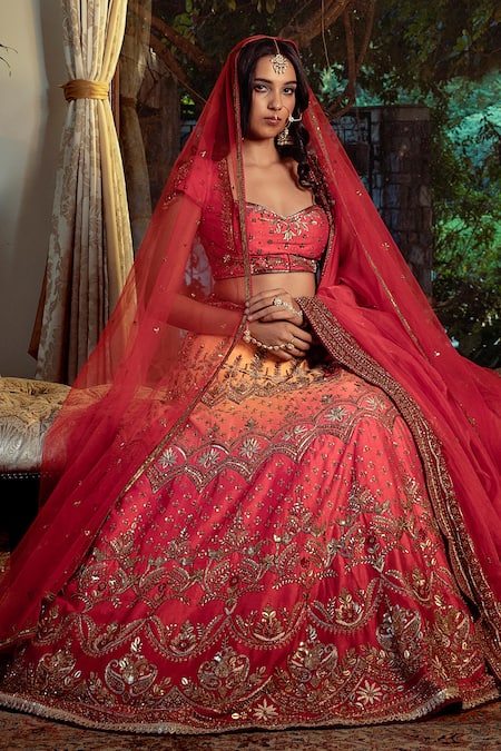 Shashank Arya_Yellow Satin, Organza, Net Embroidery, Zari Ombre Hand Bridal Lehenga Set _Online_at_Aza_Fashions