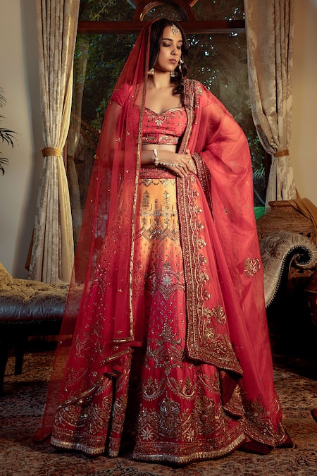 Buy_Shashank Arya_Yellow Satin, Organza, Net Embroidery, Zari Ombre Hand Bridal Lehenga Set _Online_at_Aza_Fashions