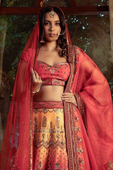 Shop_Shashank Arya_Yellow Satin, Organza, Net Embroidery, Zari Ombre Hand Bridal Lehenga Set _Online_at_Aza_Fashions