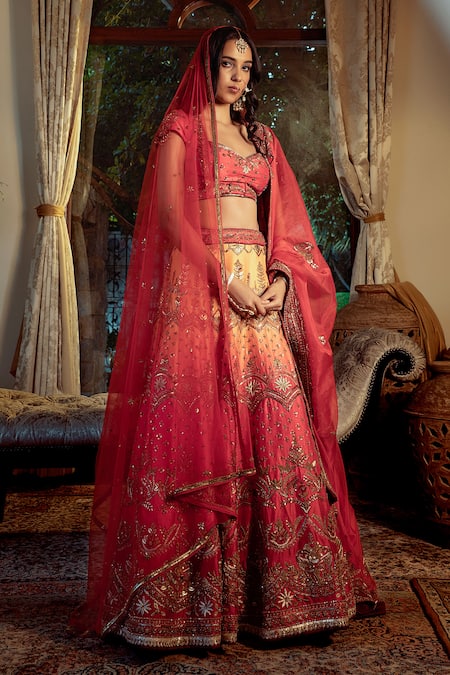 Shashank Arya_Yellow Satin, Organza, Net Embroidery, Zari Ombre Hand Bridal Lehenga Set _at_Aza_Fashions