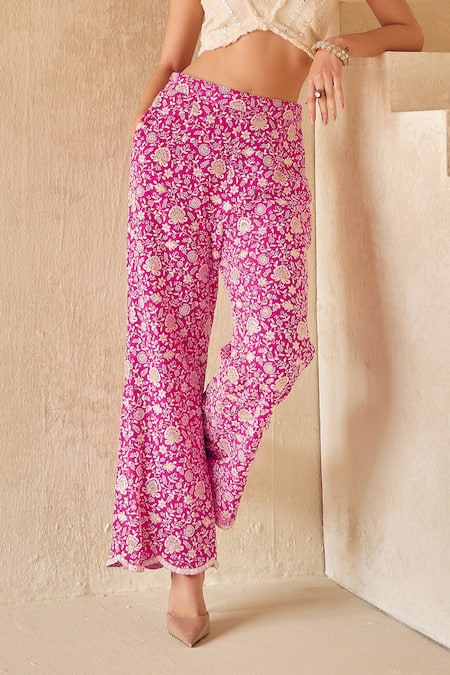 Twenty Nine_Pink Georgette Embroidery Chikankari Flared Pant _Online_at_Aza_Fashions