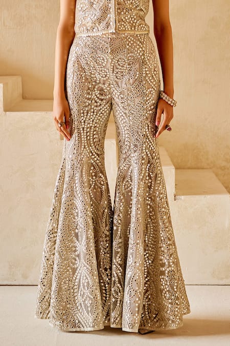 Buy_Twenty Nine_Ivory Tissue Mirrors Embroidered Sharara _Online_at_Aza_Fashions