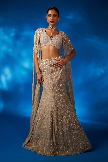 Charu and Vasundhara Gold Skirt Net Embroidered Mother Of Pearl Leaf Valaria Cape Lehenga Set