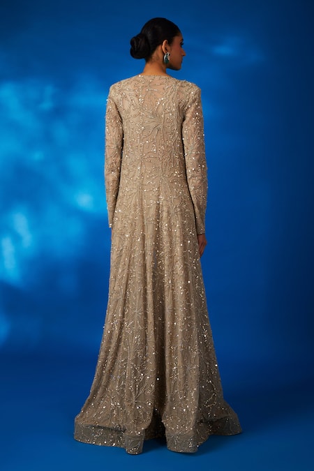 Charu And Vasundhara Vera Floral Sequin & Thread Embroidered Cape Flared Pant Set 
