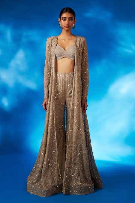 Charu And Vasundhara_Gold Silk, Net Pearls, Vera Floral And Thread Embroidered Cape Flared Pant Set _Online_at_Aza_Fashions