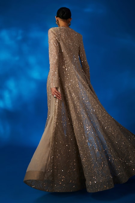 Buy_Charu And Vasundhara_Gold Silk, Net Pearls, Vera Floral And Thread Embroidered Cape Flared Pant Set _Online_at_Aza_Fashions