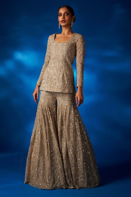 Charu And Vasundhara_Gold Net Sequins Round Neck Vanessa And Thread Floral Work Kurta Sharara Set _Online_at_Aza_Fashions