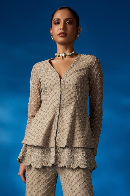 Charu And Vasundhara Vivienne Grid Floral Embroidered Peplum Jacket Sharara Set 