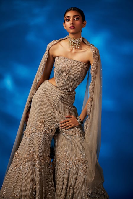 Charu And Vasundhara Gold Net Cut Work, Beads, Viviana Embellished Floral Corset Sharara Set Online at Aza Fashions Charu And Vasundhara_Gold Net Cut Work, Beads, Viviana Embellished Floral Corset Sharara Set _Online_at_Aza_Fashions