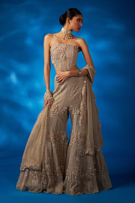 Buy Charu And Vasundhara Gold Net Cut Work, Beads, Viviana Embellished Floral Corset Sharara Set Online at Aza Fashions Buy_Charu And Vasundhara_Gold Net Cut Work, Beads, Viviana Embellished Floral Corset Sharara Set _Online_at_Aza_Fashions