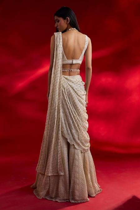 Shop_Charu And Vasundhara_Ivory Silk, Organza, Net Veronica And Embroidered Sharara Saree With Blouse _at_Aza_Fashions