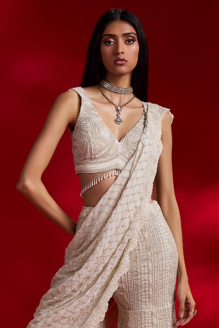 Charu And Vasundhara_Ivory Silk, Organza, Net Veronica And Embroidered Sharara Saree With Blouse _Online_at_Aza_Fashions