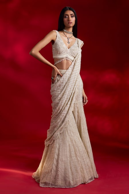 Buy_Charu And Vasundhara_Ivory Silk, Organza, Net Veronica And Embroidered Sharara Saree With Blouse _Online_at_Aza_Fashions