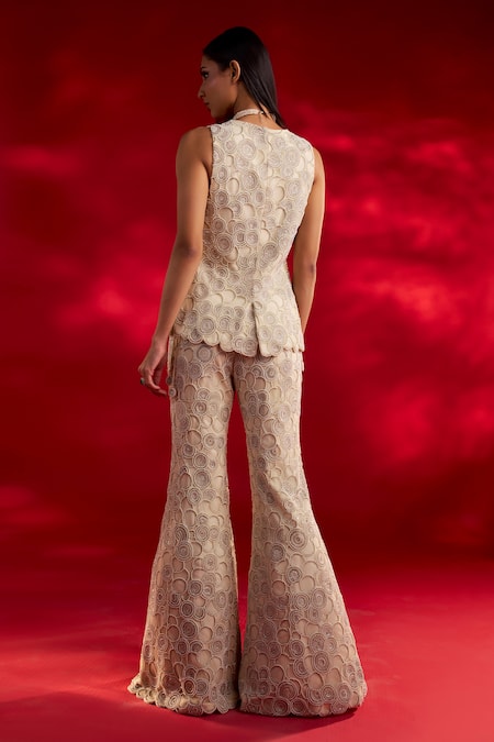 Charu And Vasundhara Virginia Circular Geometric Embroidered Jacket & Flared Pant Set 