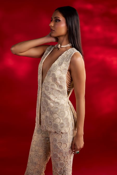 Charu And Vasundhara_Ivory Net Cut Work, Virginia Circular Geometric Jacket And Flared Pant Set _Online_at_Aza_Fashions