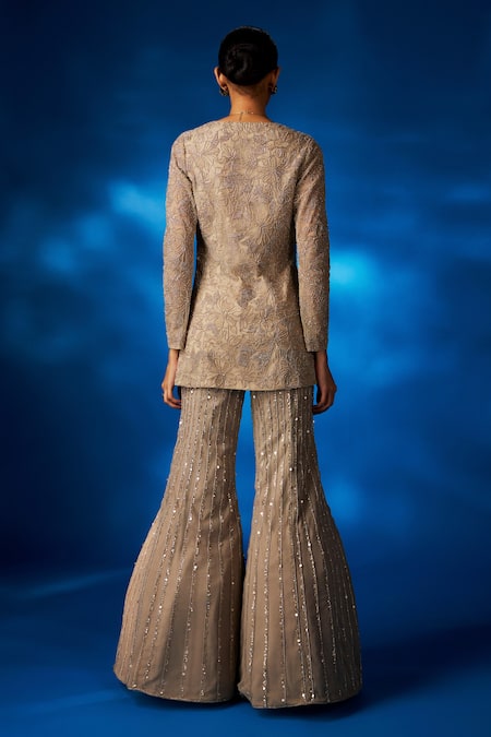 Charu And Vasundhara Vienna Net Embroidered Jacket Flared Pant Set 