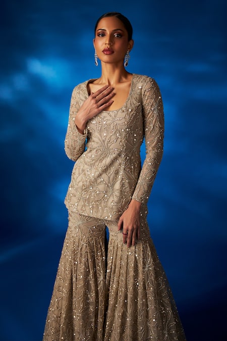 Charu And Vasundhara Gold Net Embroidery, Sequins, Cut Work V-neck Vienna Jacket Flared Pant Set Online at Aza Fashions Charu And Vasundhara_Gold Net Embroidery, Sequins, Cut Work V-neck Vienna Jacket Flared Pant Set _Online_at_Aza_Fashions