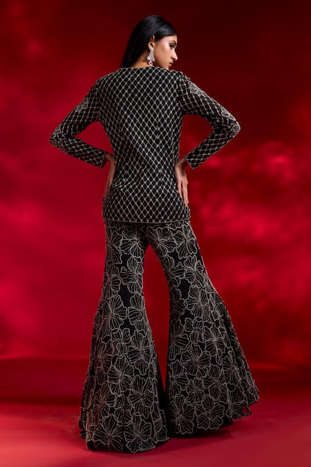 Charu And Vasundhara Vida Grid Floral Embroidered Jacket Sharara Set 