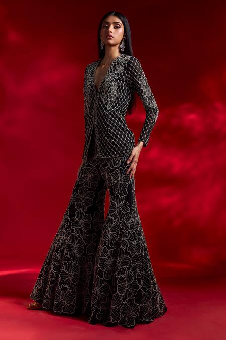 Charu And Vasundhara_Black Net Cut Work, Pearls, Vida Grid Floral Embroidered Jacket Sharara Set _Online_at_Aza_Fashions