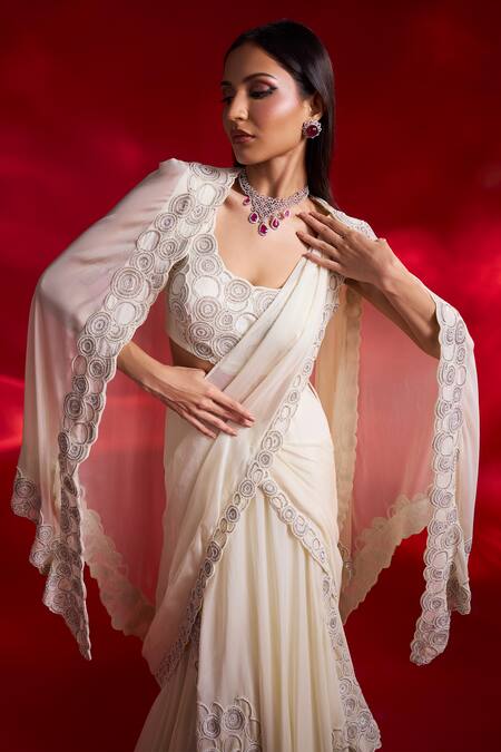Charu And Vasundhara_Ivory Organza, Silk Pearls, Embroidery Scoop Neck Violette Flap Saree Set _Online_at_Aza_Fashions