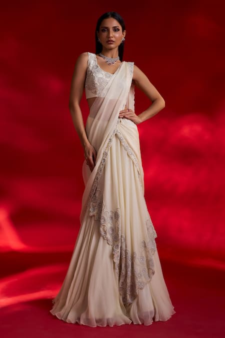 Buy_Charu And Vasundhara_Ivory Organza, Silk Pearls, Embroidery Scoop Neck Violette Flap Saree Set _Online_at_Aza_Fashions