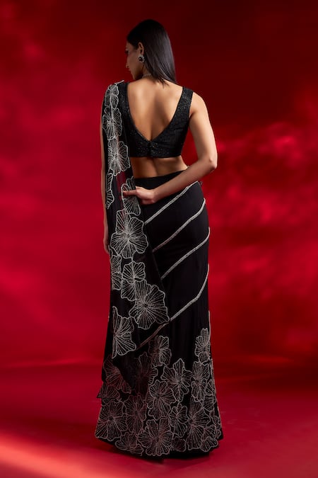 Shop Charu And Vasundhara Black Silk, Organza Vayda Floral Cutwork Pre-draped Saree With Blouse at Aza Fashions Shop_Charu And Vasundhara_Black Silk, Organza Vayda Floral Cutwork Pre-draped Saree With Blouse _at_Aza_Fashions