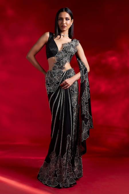 Charu And Vasundhara Black Silk, Organza Vayda Floral Cutwork Pre-draped Saree With Blouse Online at Aza Fashions Charu And Vasundhara_Black Silk, Organza Vayda Floral Cutwork Pre-draped Saree With Blouse _Online_at_Aza_Fashions