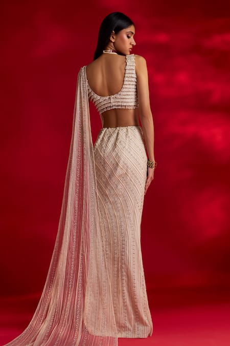 Shop_Charu And Vasundhara_Ivory Net Beads, Sequins, Tassels Scoop Neck Viola Pre-draped Saree With Blouse _at_Aza_Fashions