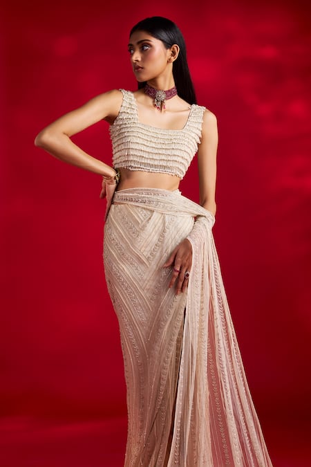 Buy_Charu And Vasundhara_Ivory Net Beads, Sequins, Tassels Scoop Neck Viola Pre-draped Saree With Blouse _Online_at_Aza_Fashions