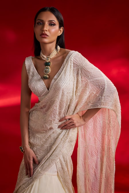 Charu And Vasundhara_Ivory Organza, Silk Venus Pre-draped Embroidered Lehenga Saree With Blouse _Online_at_Aza_Fashions