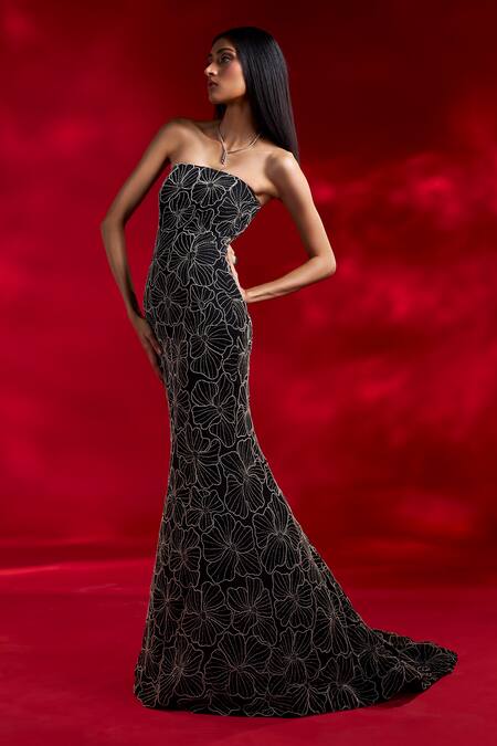 Charu And Vasundhara_Black Net Embroidery Off-shoulder Vanellope Pearl And Bead Gown _Online_at_Aza_Fashions