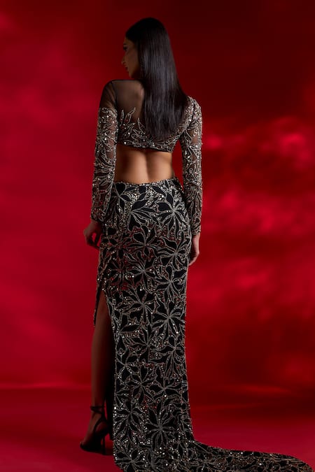 Shop Charu And Vasundhara Black Net Pearls, Beads Boat Viktoria Floral Embroidered Crop Top And Skirt Set at Aza Fashions Shop_Charu And Vasundhara_Black Net Pearls, Beads Boat Viktoria Floral Embroidered Crop Top And Skirt Set _at_Aza_Fashions