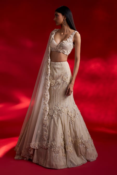 Charu And Vasundhara Ivory Net Pearls, Sequins, Embroidery, Applique, Vesper 3d Flower Lehenga Set Online at Aza Fashions Charu And Vasundhara_Ivory Net Pearls, Sequins, Embroidery, Applique, Vesper 3d Flower Lehenga Set _Online_at_Aza_Fashions