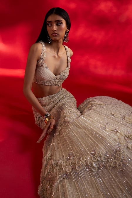 Shop Charu And Vasundhara Ivory Net Pearls, Sequins, Embroidery, Applique, Vesper 3d Flower Lehenga Set Online at Aza Fashions Shop_Charu And Vasundhara_Ivory Net Pearls, Sequins, Embroidery, Applique, Vesper 3d Flower Lehenga Set _Online_at_Aza_Fashions