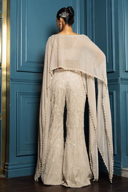 Charu And Vasundhara Valarie Asymmetric Pearl Embroidered Poncho Pant Set 