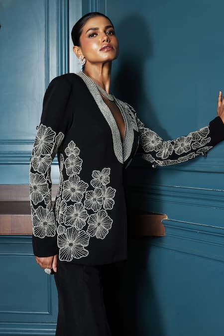 Charu And Vasundhara_Black Georgette, Organza Embroidery, Cut Work Vega Blazer And Pant Set _Online_at_Aza_Fashions