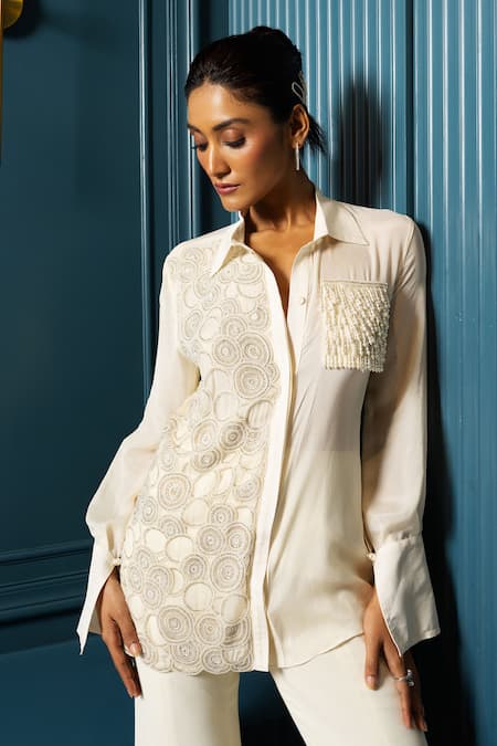 Shop Charu And Vasundhara Ivory Chiffon, Georgette Vail Circle Pearl Embellished Shirt With Flared Pant Online at Aza Fashions Shop_Charu And Vasundhara_Ivory Chiffon, Georgette Vail Circle Pearl Embellished Shirt With Flared Pant _Online_at_Aza_Fashions